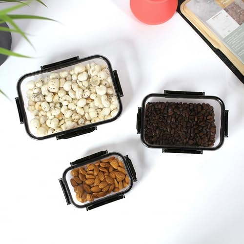 Image of PEARLPET Luxeseal Airtight Food Storage Containers | 3-Piece Rectangular Jar Set | 400ml, 900ml, 1600ml | BPA-Free PET, Stackable, Festive Gift Set, Black
