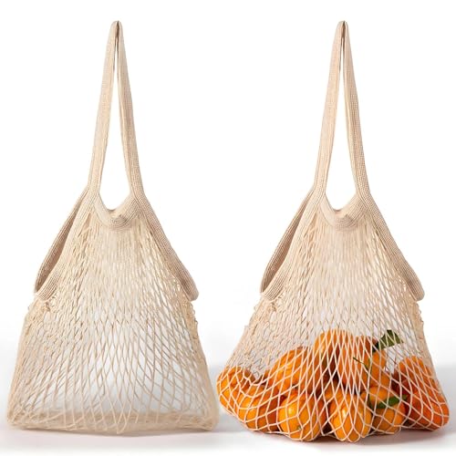 HUILATE Einkaufsnetz 2 Stück Einkaufstasche Netz Wiederverwendbar Beige Netztasche Sandspielzeug, Einkaufsnetze FüR Obst und GemüSe Mit Langem Griff, für Einkaufen, Strand, Spielzeug, Obst