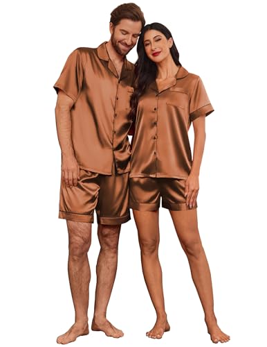 Image of Ekouaer Couple Matching Pajamas Sets Silk Short Sleeve Button Down Sleepwear Satin Pjs Shorts Set Soft Loungewear S-XXL