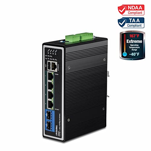 Image of TRENDnet 6-Port Industrial Gigabit L2+ Managed PoE++ DIN Rail Switch, 4 x Gigabit PoE++ Ports, DIN-Rail Mount, 2 x SFP Slots, IP30, VLAN, QoS, LACP, Bandwidth Management, ERPS, Black, TI-BG62i