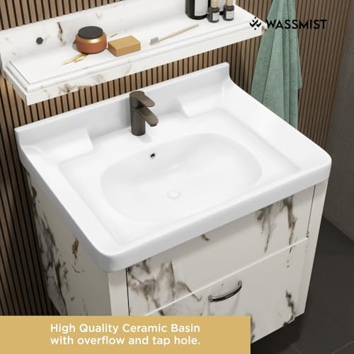 Image of WASSMIST Bathroom Vanity Washbasin Cabinet with Mirror & Shelf | Wall Mounted Wash Basin with Cabinet Full Set | Waterproof & Unbreakable (White)