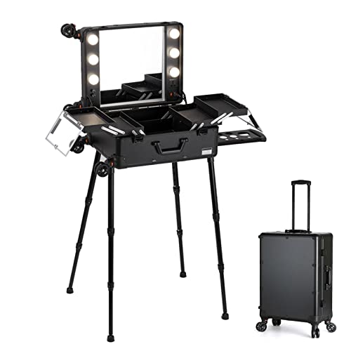 Schminkkoffer Mit LED,Make Up Koffer Professionell Schminkkoffer, Aluminium Schminkkoffer Mit Halterung, Professioneller Reise Make Up Tasche Artist Train Case Trolley Makeup Organizer, Schwarz