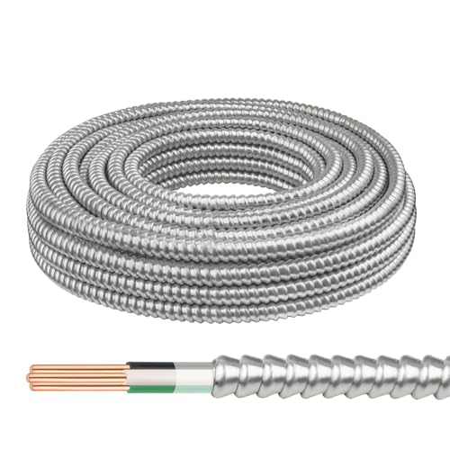 Image of 14 /2 Metal Clad (MC) Cable with Ground 15ft, 14 Gauge Electric Wire with Aluminum Armor, Solid Bare Copper Conductors for Indoor Outdoor Underground Embedded Installation (14 /2, 15 FT)