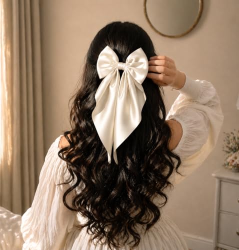 Image of 2 Pack Off White and Pink - Bows for Women, Clips for Womens - Hair Clips for Womens - Luxury Satin Hair Bow Clips for Women and Girls, Cute Hair Accessories for Girls