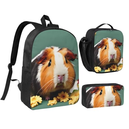 flower guinea pig print Shoulder Bookbags Lunch Bag and Pen Case 17 inches Backpack with Lunch Box, Cute Bookbag Set