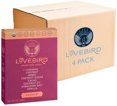 Lovebird Gluten Free Cereal - Organic Grain Free Cereals Paleo AIP Dairy Free Keto Friendly No Refined Sugar Healthy Snacks for Kids, Adults (Cacao, 4 Pack)