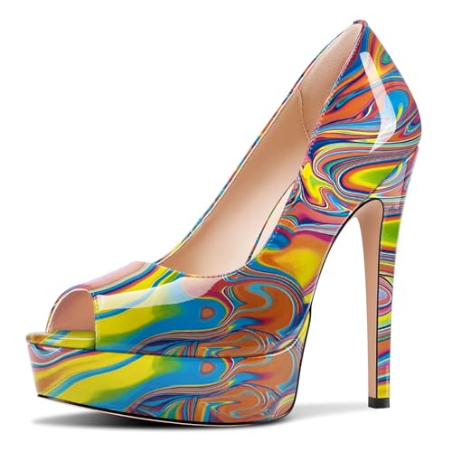 TNYNFBEB Peep Open Toe Stiletto High Platform Heel Pumps Slip-on Prom Party Dress Patent Leather 5.3 Inches Heels