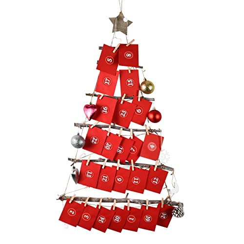 KOHMUI Adventskalender mit 24 Karten Ich Liebe Dich, Weil in 24 roten Umschlägen, Kärtchen mit 24 Zahlenaufkleber, Ein Natur Seil, 24 Holzklammern für Männer, Frauen, Paare