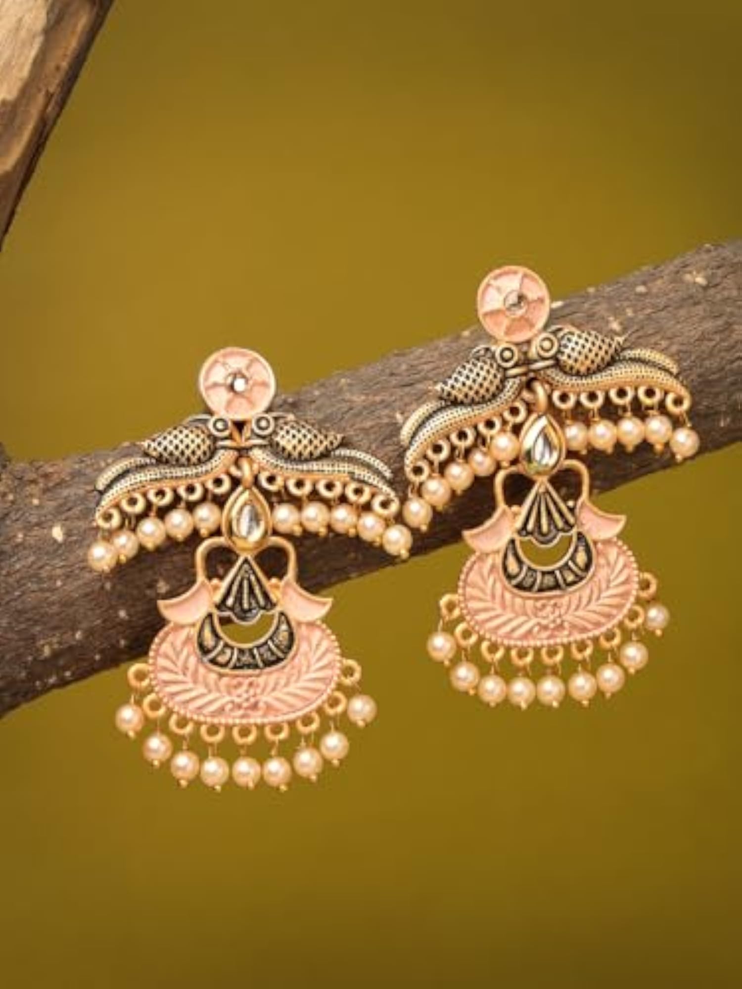 Antique Gold-Plated Pink Hand-Painted Peacock Drop Earrings