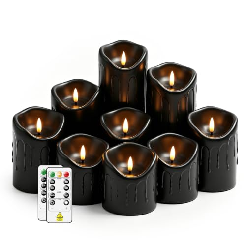 Image of Nimiko Flameless Candles with Remote, Battery Operated Flickering Flameless Candles, LED Candles with Timer 2 /4 /6 /8H, Realistic Drop Wax flameless Candle Set of 9 (D3 x H 3 inch 4 inch 5 inch 6 inch 7 inch) (Black)