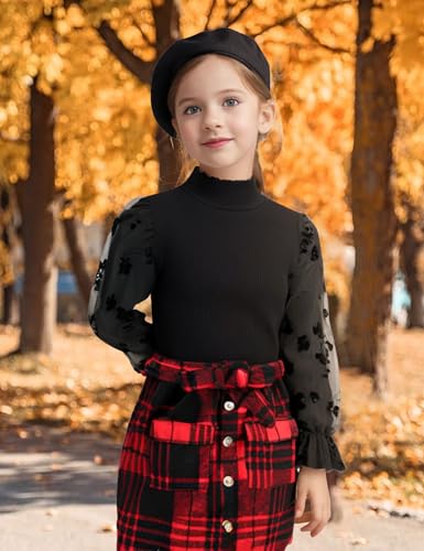 Image of Toddler Girl Clothes Girls Outfits Flare-lace Sleeve Top and Plaid Skirt Dress Fall Winter 2Pcs Girls Clothes 5-12T