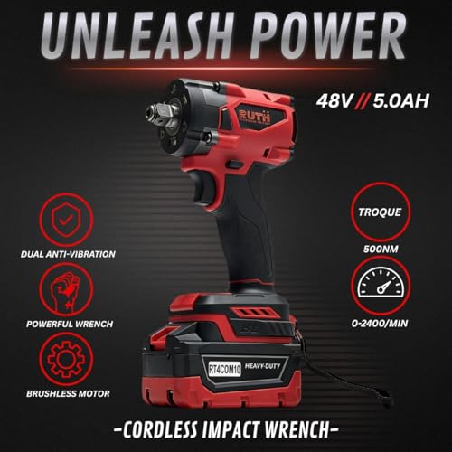 Image of RUTH Cordless Power Tool Combo Kit, 4-Tool Brushless Set: 10mm Drill, Angle Grinder, 1 /2 inch Impact Wrench, Rotary Hammer | 4x5.0Ah Lithium Batteries & Fast Charger