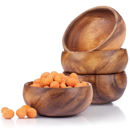 cintika Set of 4 Round Acacia Calabash Bowls - 4 Inch Handmade Wooden Bowl Set for Nuts, Small Snacks, Sauce and Dipping