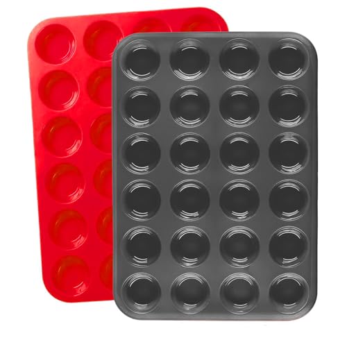 2 Pack Mini Muffin Pan, 24 Cups Silicone Cookies Cupcake Bakeware Tin Round Cupcake Tray Baking Mould Non Stick Heat-Resistant (Red + Grey)