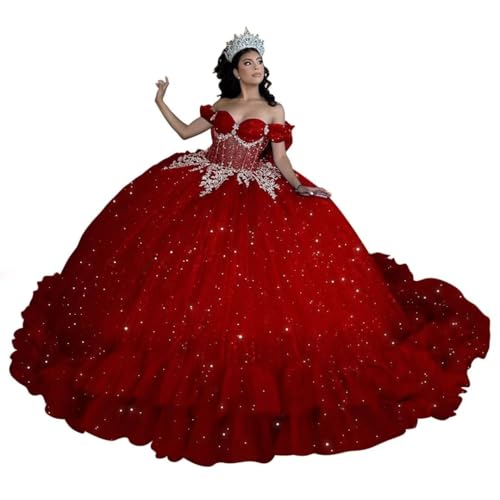 Mouccy Off Shoulder Quinceanera Dresses with Ruffles Layered XV Dresses for Quince Beaded Lace Sweet 15 16 Dresses with Bow