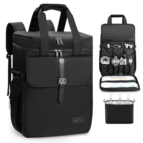 Bartender Bag, Leakproof Travel Bartender Kit Backpack for Carrying Bar Kit, Portable Bar Bag for Cocktail Shaker and 6 Wine Bottle, Professional Mixology Gift for Travel Home Party (Backpack Only)