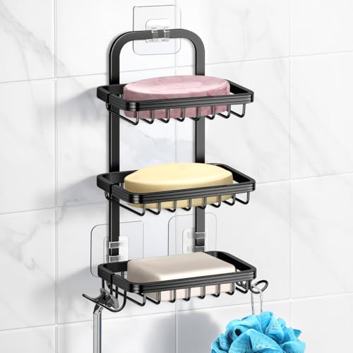 3 Tier Soap Bar Holder for Shower, Aluminum Wall Mounted Rustproof Soap Holder with 4 Hooks and Razor Holder, Shower Rack Soap Tray Bar Soap for Bathroom Accessories Organizer Black