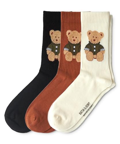 Image of bony&katia Cute Teddy Bear Crew Socks for Women and Men 3 Pairs Set - Soft Breathable Cotton - Gift Idea for Mothers Day