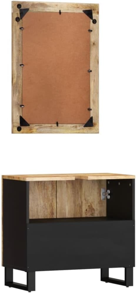 Brown Solid Mango Wood Bathroom Vanity Cabinet Set, 24.4" Rustic Farmhouse Style Furniture with Plane Mirror & Storage Shelf for Daily Grooming