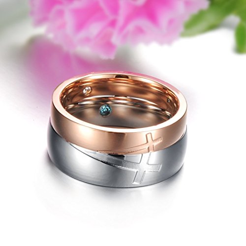 TEMICO His & Hers Cross Design Stainless Steel Matching Couple Rings Set Wedding Bands, Silver/Rose Gold2