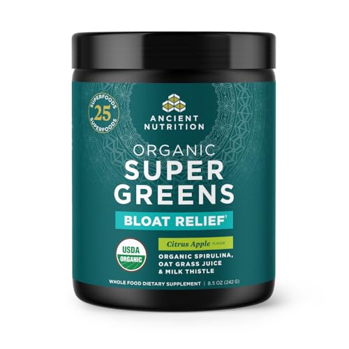 Ancient Nutrition Organic SuperGreens Bloat Relief, Digestive Enzymes, Prebiotic Fiber & Probiotics, Supports Bloat Relief & Digestive Health, 25 Superfoods, Citrus Apple, 25 Servings