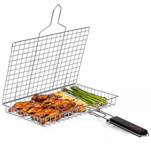 Panier Grille Barbecue en Acier Inoxydable 304 (plus profonde) | Pliable, Portable & Résistant | Avec Poignée Amovible | Pour Poisson, Légumes, Crevettes,...
