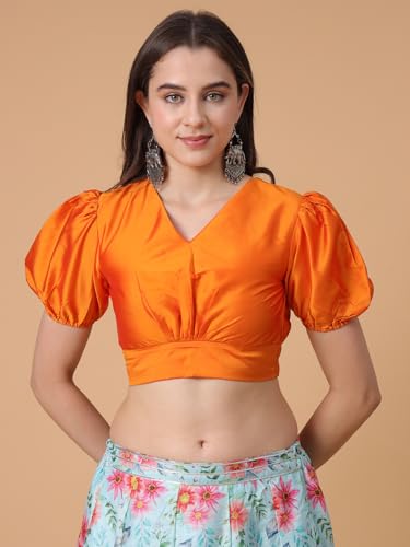 Image of Frolic Rolic Premium Silk V-Neck Blouse Readymade Saree Blouse - Designer Puff Sleeve Blouse for Wedding
