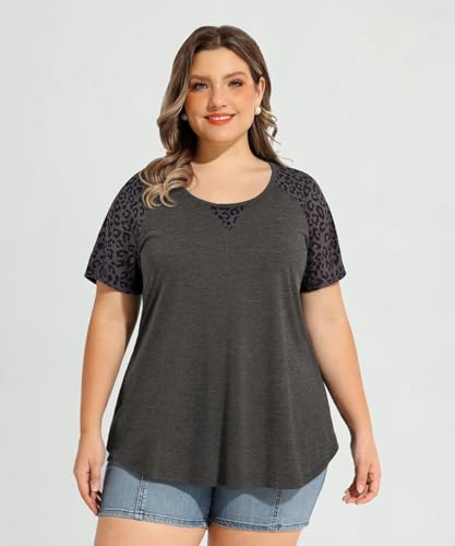 Image of CARCOS Plus Size Tops for Women Short Sleeve Shirt Summer Star /Leopard /Tie Dye /Flower Crewneck Pullover Tunic XL-5XL