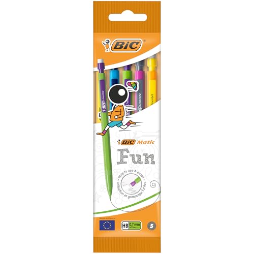 BIC Matic Fun Mechanical Pencil Set - HB 0.7mm Retractable Pencils with Rubbers on the End - Mixed Colours Pack of 5