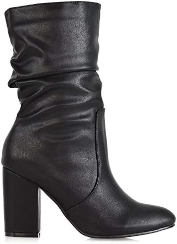 ESSEX GLAM Womens Mid Calf High Heel Boots Ladies Pull On Winter Black Synthetic Leather Rouched Shoes 6 B(M) US | Image 4