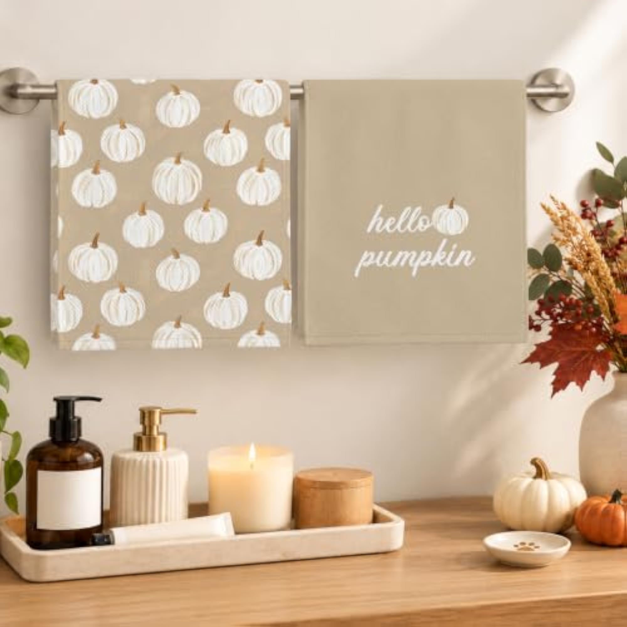 Fall White Pumpkin Decor Kitchen Towels Set of 2