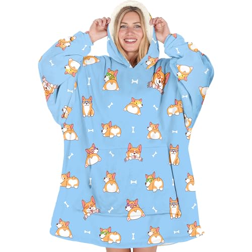 Warmstorey Blue Corgi Blanket Hoodie - Corgi Lover Gift Oodie - Wife Mom Mothers Day Gift Ideas - Cozy Gift From Husband for Wife Thoughtful Gifts from Daughter Son Soft and Warm Blanket for Mommy