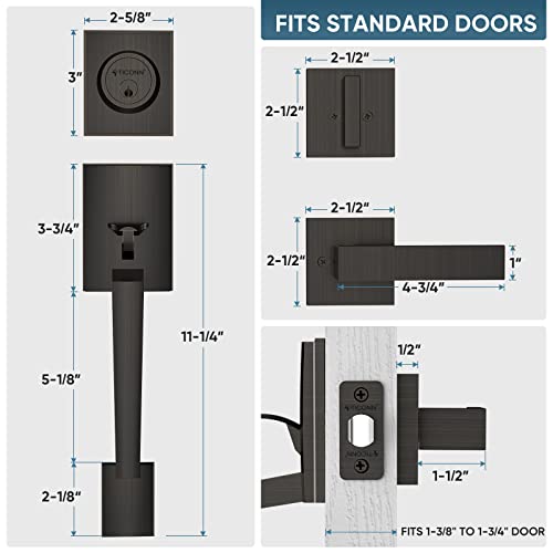 Image of TICONN Double Front Door Handle Set, Heavy Duty Square Door Lever and Single Cylinder Deadbolt Combo for Side by Side Entrance Exterior Doors (Oil Rubbed Bronze)