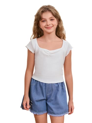 SOLY HUX Girl's Short Sleeve Sweetheart Neck T Shirts Waffle Knit Fitted Summer Tee Tops2
