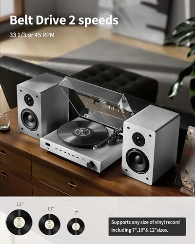 Image of ANGELS HORN Hi-Fi Bluetooth Turntable with Speakers, AT-3600L Record Player | Bookshelf Speakers, Built-in Phono Preamp, Belt Drive 2-Speed, Pitch Control, Aluminum Alloy Plinth