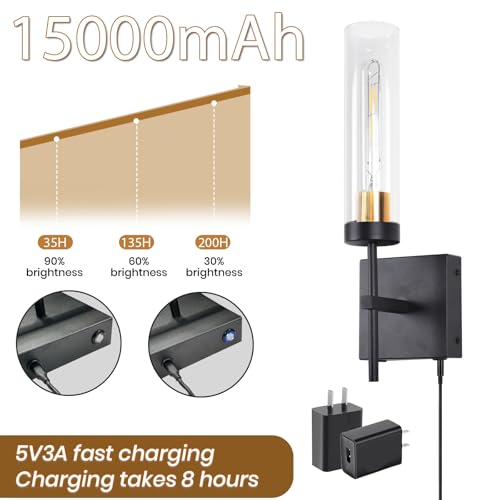 Image of Wall Sconce Set of 2,Battery Operated Wall Sconce,Infinitely Dimmable with Remote Control,15000mAh Endurance 200 Hours,Fast Charging,Wireless Wall Lights for Bedroom Living Room Hallway