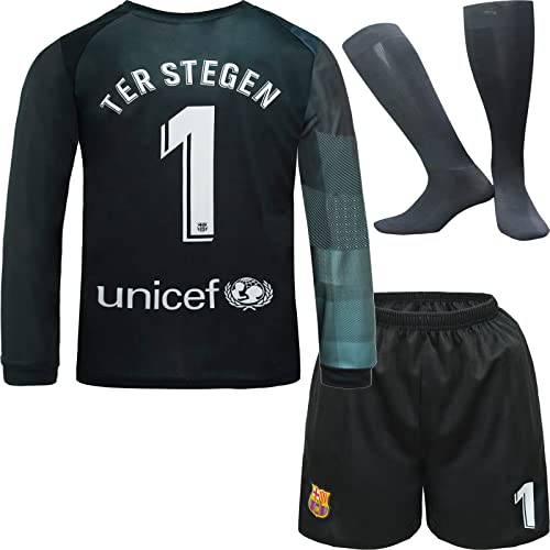 NIHMEX Barcelona TER Stegen Kinder Torwart Trikot Fußball #1, Neu Saison, Shorts Socken Torwarttrikot (Schwarz (Langarm),30)