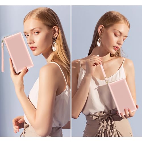 Image of Nipichsha Womens Wallet, RFID Wristlet Wallet for Women, Cute Ladies Purse, Large Credit Card Clutch Purse, Leather Card Holder Wallets with Zipper & Phone Holder, Pink