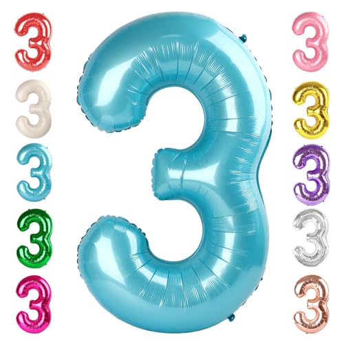 Image of 3 Balloon Numbers Birthday Decorations, 40In Pearl Blue Balloons for Party | Eye-catching Appearance, Perfect Decorative Centerpieces, Convenient Self-sealing Structure, Widely for Various Occasions