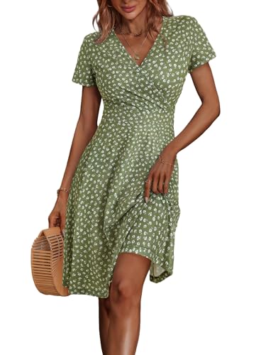MSBASIC Spring Dresses for Women 2025 Floral Wrap V Neck Casual Short Sleeve Midi Summer Sundress(Floral-97,Large)