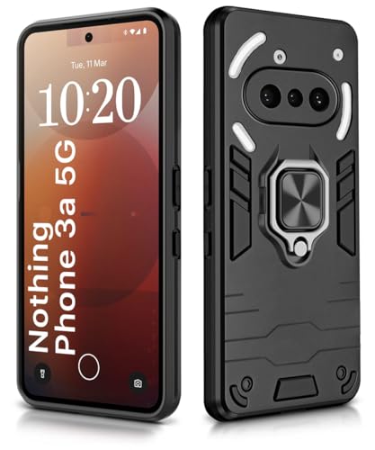 Image of WOW IMAGINE Shock Proof Back Case Mobile Cover for Nothing Phone 3a 5G | Back Cover Case (Tough Armor | Hybrid PC + TPU | Ring Holder & in-Built Kickstand | Black)