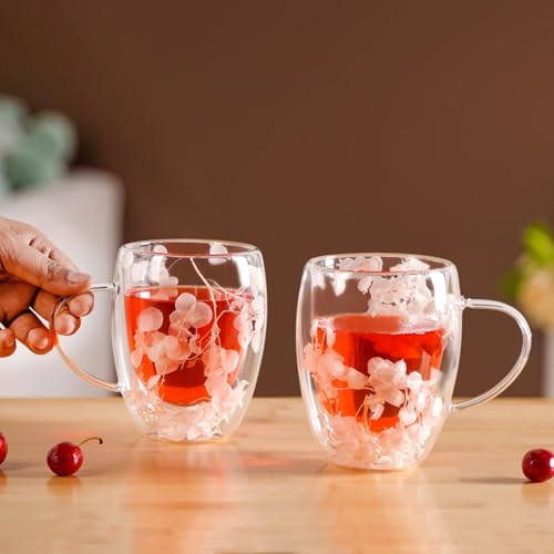 Image of Nestasia Double Wall Glass Mug with Dried Flowers Set of 2 (350ml Each) - Transparent Borosilicate Floral Glass Tea Cups | Lightweight & Durable Coffee Mugs - Perfect for Gifting (Peach)