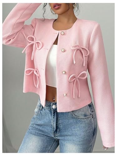 Verdusa Women's Coquette Bowknot Button Down Jacket Elegant Long Sleeve Outerwear Business Casual Outfits3