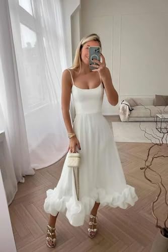 Women's Midi Prom Dresses Flounce Bustier Trim Ruffle Formal Wedding Party Dress Tea Length3