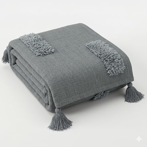 Image of HAKAM Cotton Throw Blanket with Macrame Tassels for 3 Seater Sofa | Ideal for Your Home, Living Room, Sofa, Bed, Chair, Picnic & Used for Gift - 50X70 inch | (Grey, Small Single)
