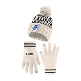 Ultra Game NFL Official Adults Unisex Super Soft Cable Knit Winter Beanie Knit Hat with Extra Warm Touch Screen Gloves, Detroit Lions, Natural, 1SIZE