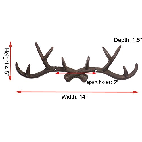 Chocolate 14 Inch Vintage Rustic Cast Iron Deer Antlers Coat Rack Key Holder Jewellery Display Rack Bathroom Towels Hanger Rustic Cabin Hanger(With Screws) #TOP5