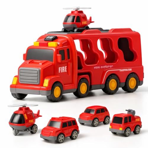 Image of Mini Explorer 5-in-1 Fire Truck Toy Set for Kids | Fire Car Carrier Vehicle with Lights & Sound | Emergency Rescue Transport Toy for Toddlers Girls Boys Ages 1-6 Years, Red