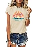 GEMLON Graphic Tees for Women Sunrise Sunset Sunshine T Shirt for Women Hawaii Beach Sea Nature Short Sleeve Top(Beige t Shirt XL)