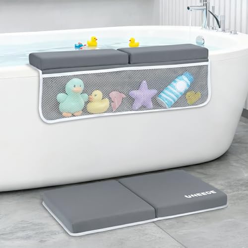 Image of UNEEDE Baby Bath Kneeler and Elbow Rest Pad Set, 1.5” Thick Memory Foam Bath Kneeling Pad with Elbow Support, Bathtub Mat with Toy Organizer for Bathing Infant or Toddler, Grey